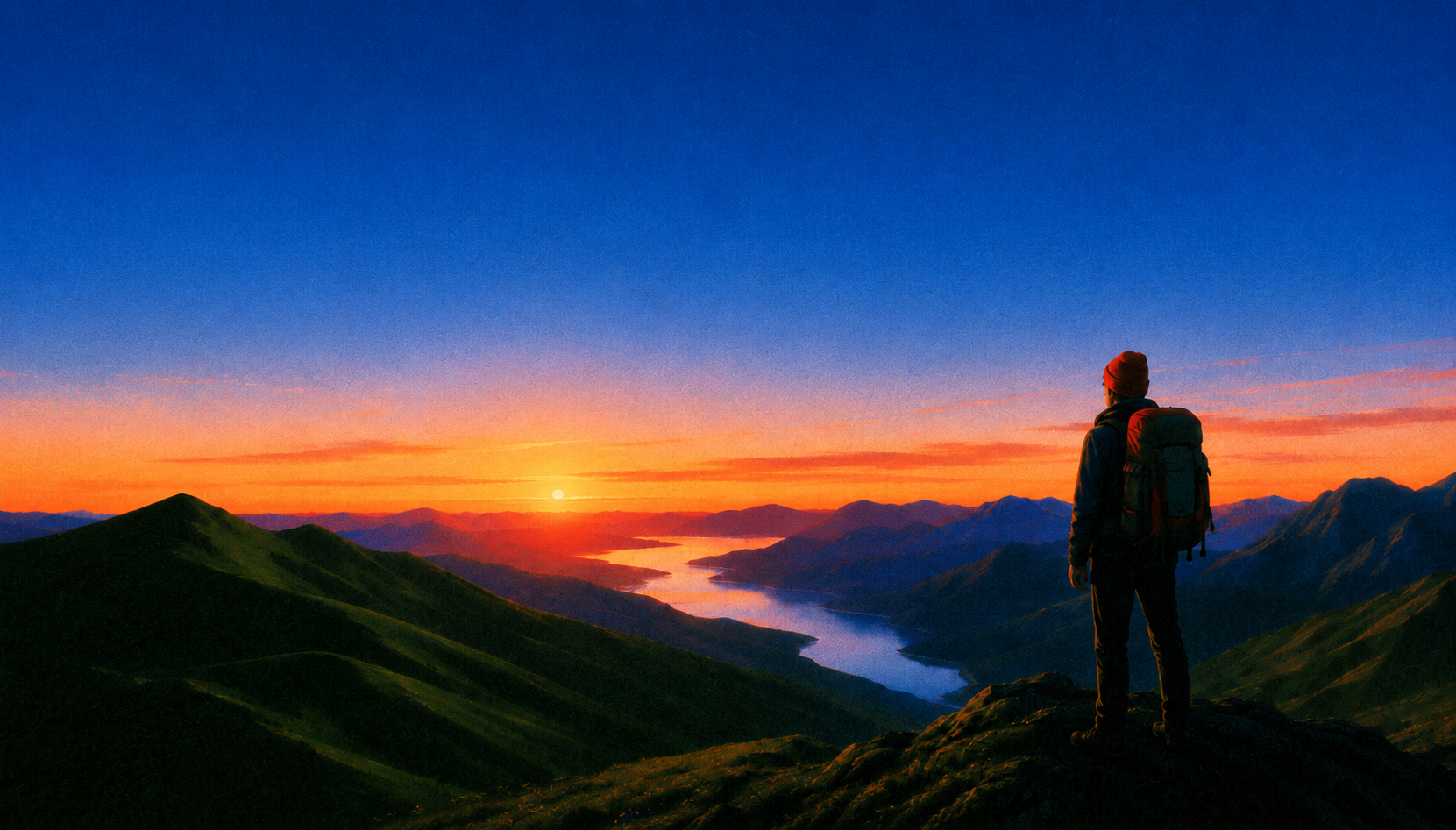 A hiker overlooking a mountain lake at sunset